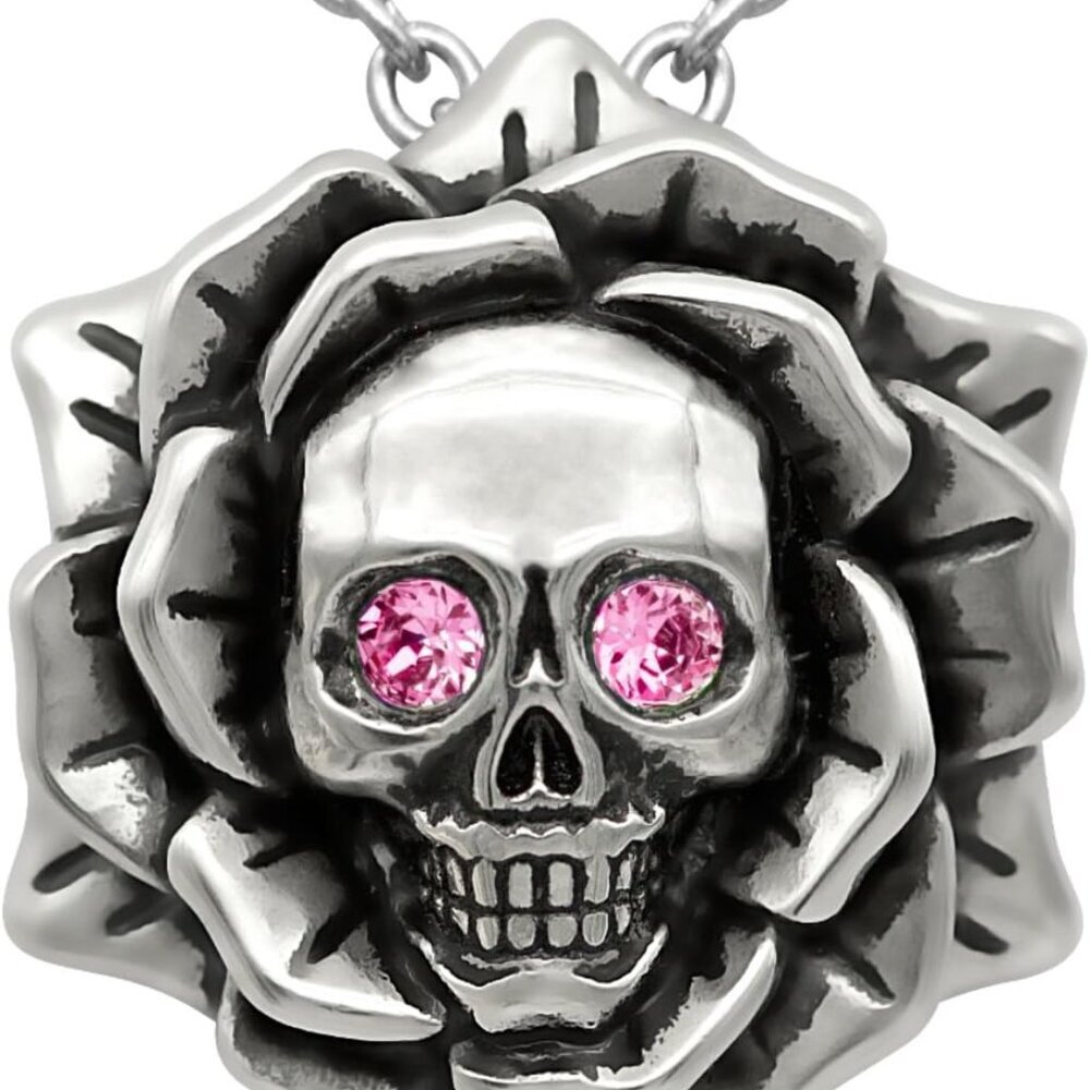 Skull Rose Birthstone Necklace With Crystal 17" - 19" Adjustable Chain